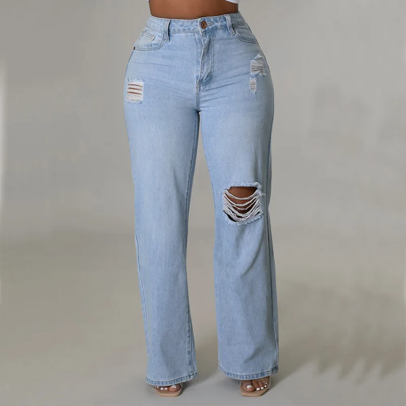 

2023 New Women's Plus-Size Ripped Straight Leg Denim Jeans Pants