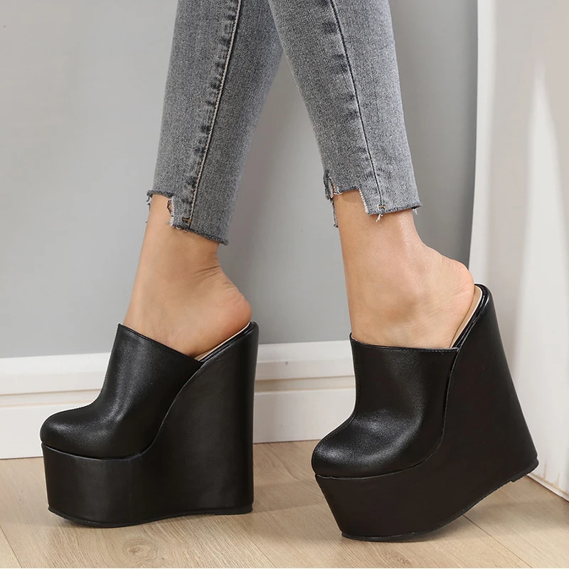 

New High Platform Women Fashion Wedges Heel Sandals Sexy Pure Black Runway Club Shoes Sexy Pretty Girl High Heel Shoes