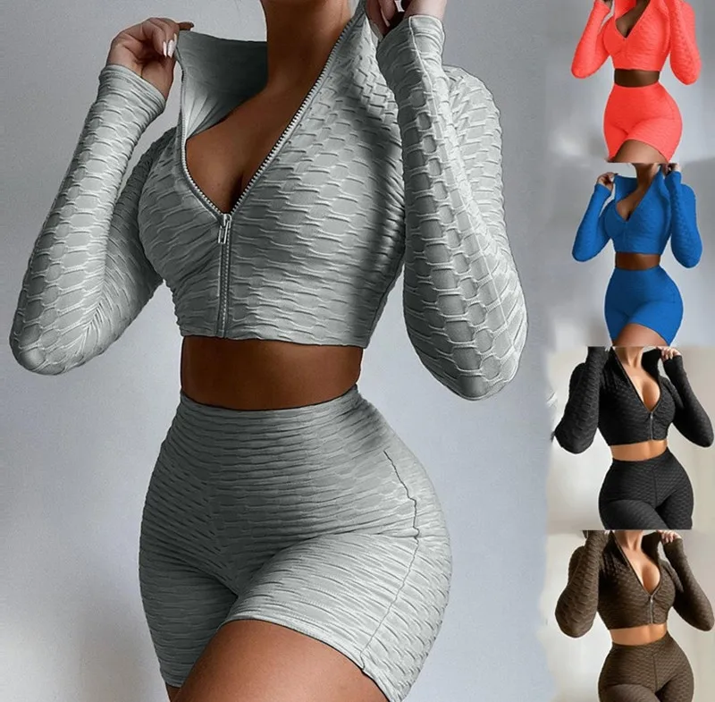 

Women zip crop top and bubble short suits solid colors long sleeve yoga outfit, As picture