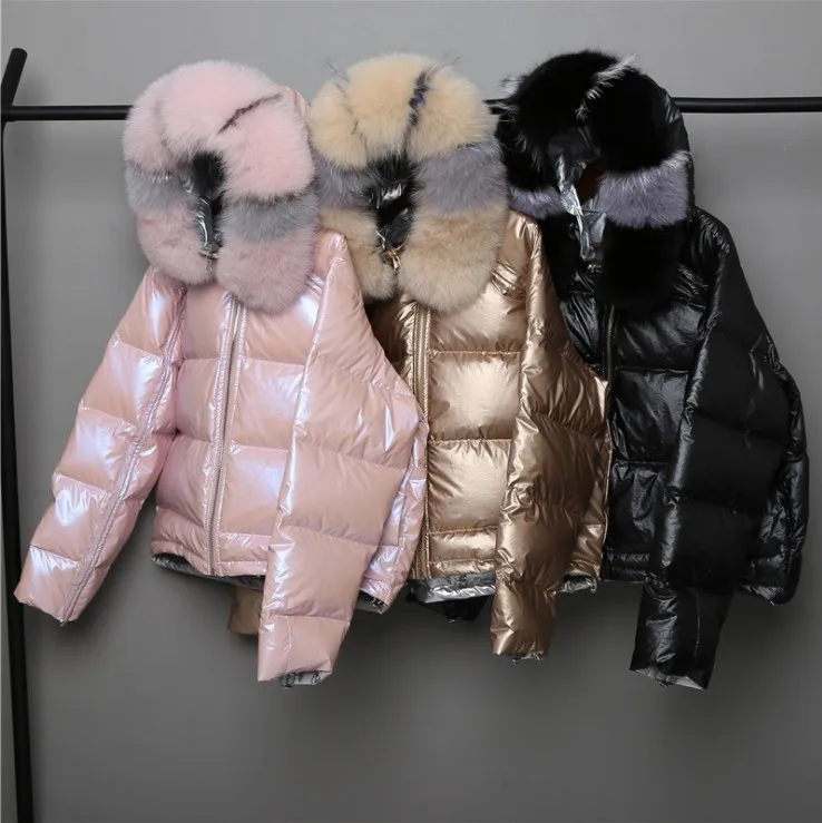 

Foma Clothes Soft Warm Winter Women Clothing Hooded Fur Collar Reversible Duck Down Jacket, As pictures