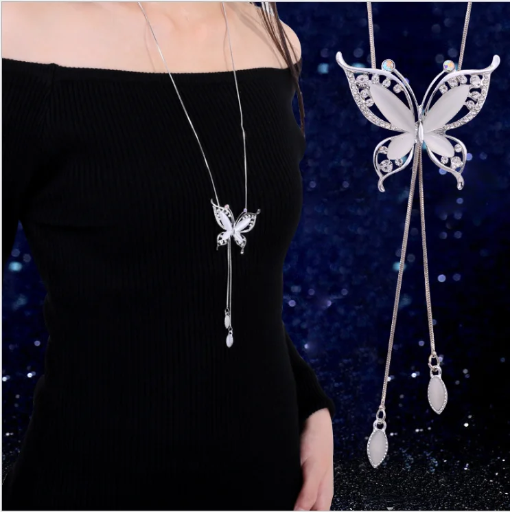 

Fashion Rhinestone Butterfly Pendant Long Necklace Female Winter Sweater Chain All-match Accessories Fine For Woman Gift, Picture