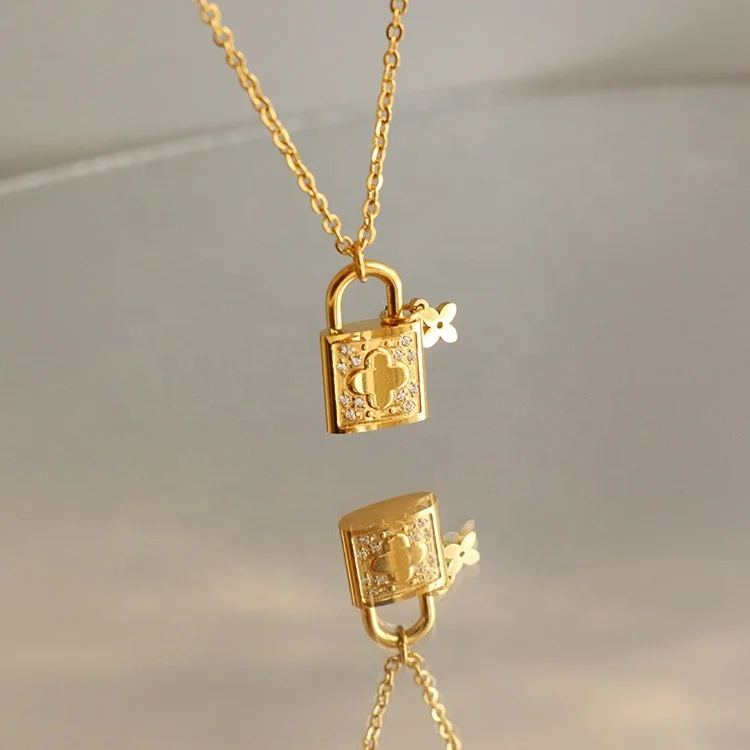 

Dainty Necklace CZ Diamond Jewelry 18K Gold Necklace Designs Lock Charm Flower Pattern Handmade Necklace, Gold/silver/rose gold