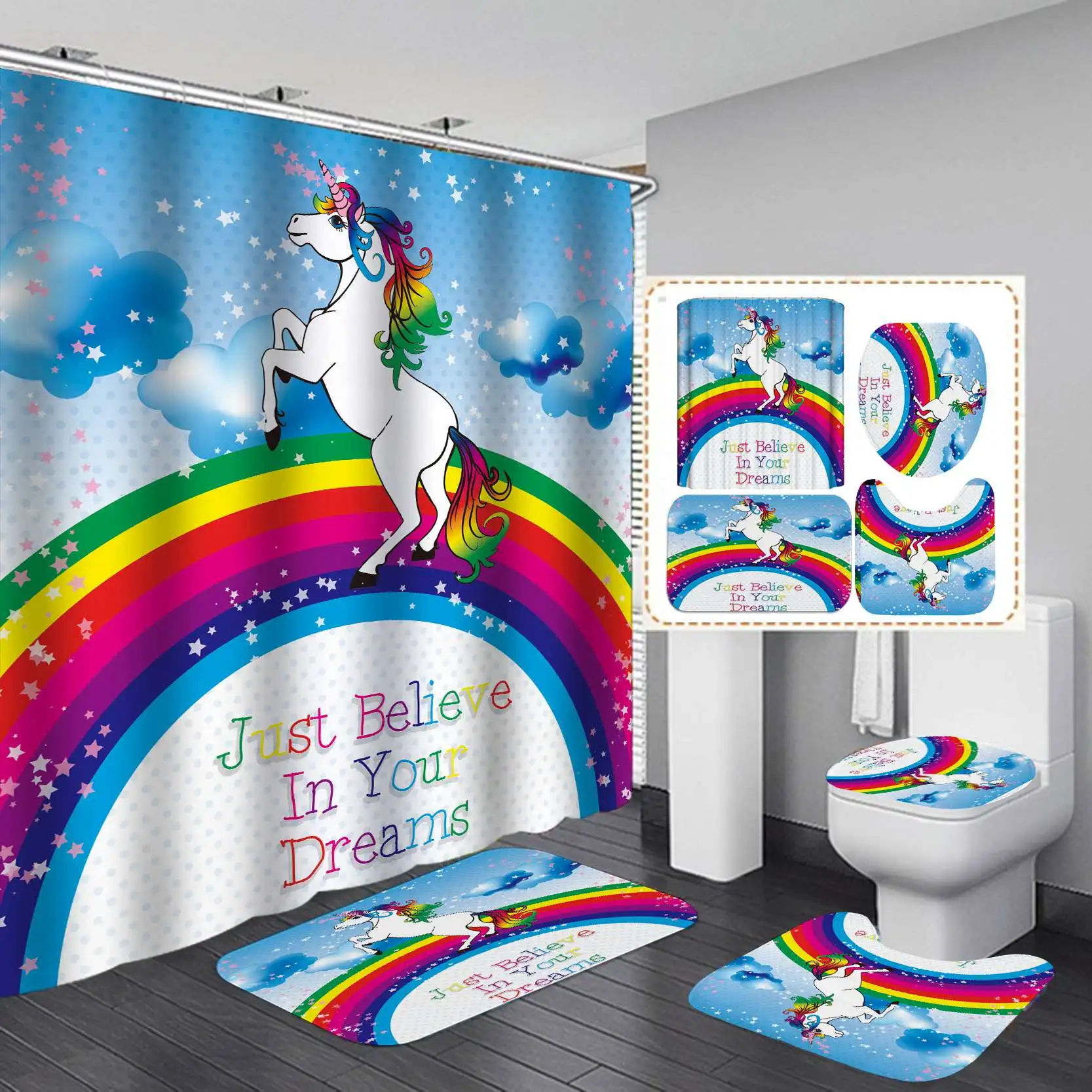 

Hot sale 180X180cm waterproof bathroom unicorn penguin animal shower curtain set