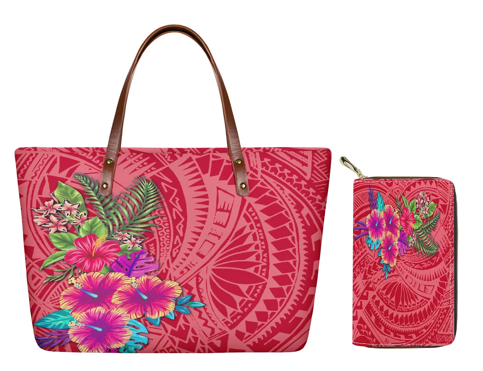 

2021New Style Custom Design Floral Red Handbags and wallet 2pc set women Polynesian Tribal Print Hibiscus Handbags Ladies Purse, Customizable
