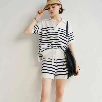 

Summer Striped Ice Silk Knit Sets Casual Loose Wide Leg Shorts Two Piece Set Comfortable and breathable womens sweater sets, 2 colors