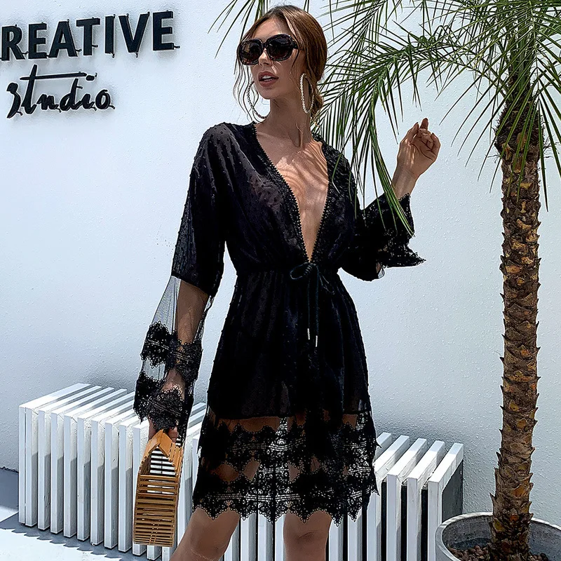 

Women Hook flower hollow Chiffon Beach Dress Sunscreen Kimono Robe De Plage Tunic Cardigan Swimsuit Bikini Swimwear Cover Up