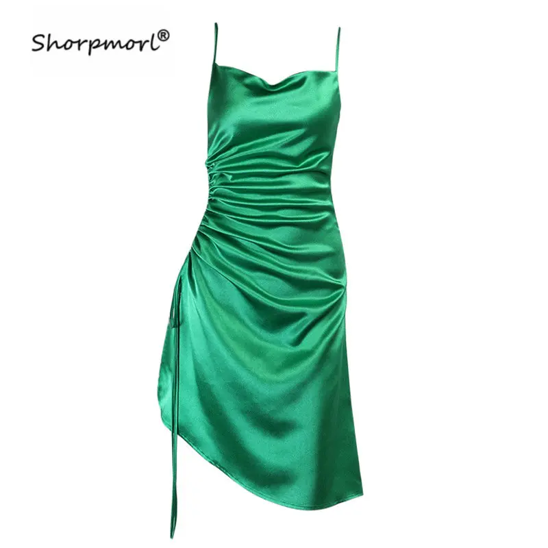 

2021 Summer Ladies Women Dresses Sexy Hot Sale Drawstring Bodycon Satin Casual Halter Mini Tight Dress Green