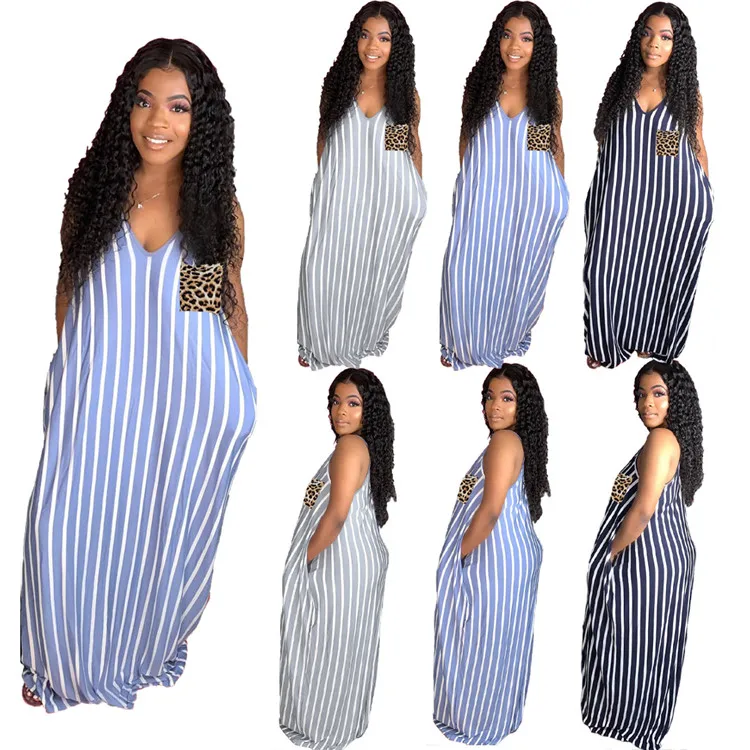 

Hot Popular Casual Ladies Plus Size Clothing Sleeveless Stripe Leopard Pocket Spring Women Maxi Dresses, Picture color