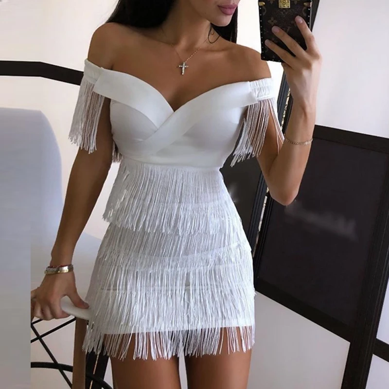 

Party Wear Women Sleeveless Bodycon Dress Summer Fringe Tassel White Dresses, 2 colors