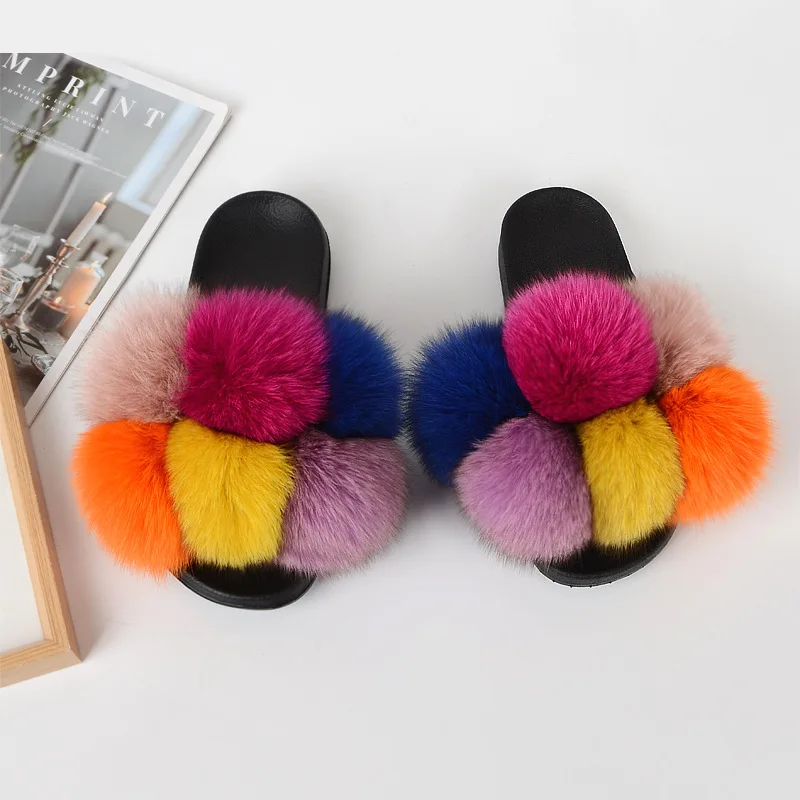 

Wholesale mixed colors Fluffy fox fur slides for women low MOQ custom furPVC sole slippers