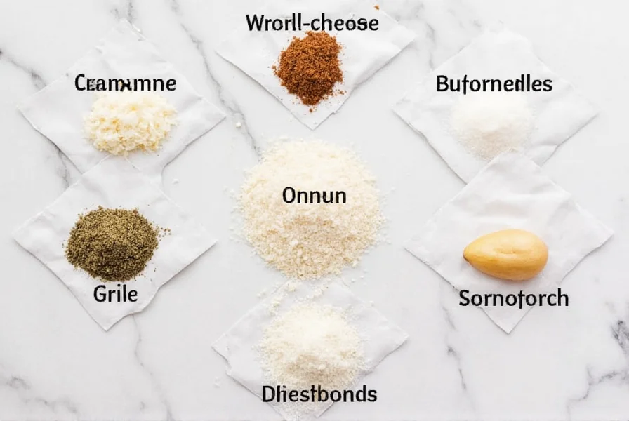 White chicken chili seasoning packets arranged with ingredients: cumin, garlic, onion, oregano, and cornstarch