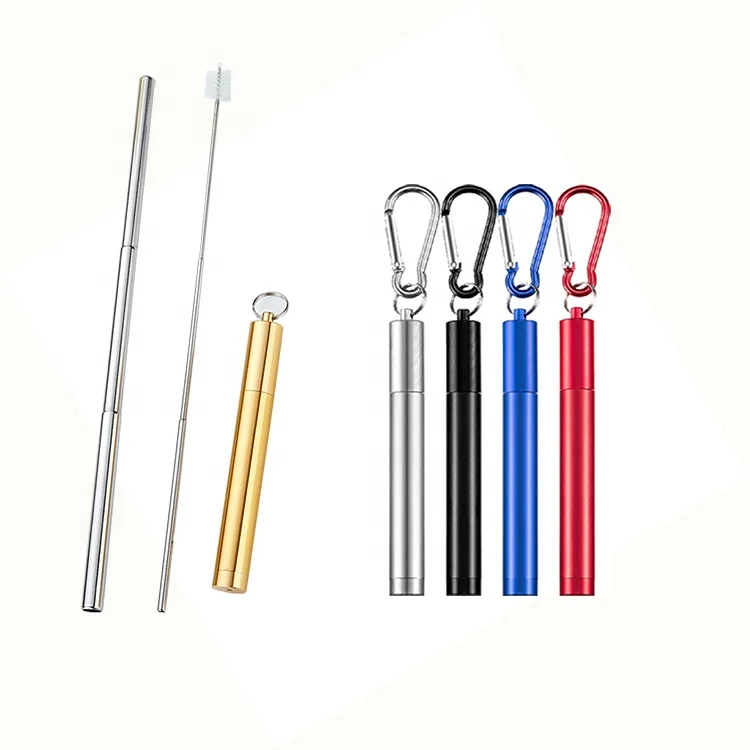 

Telescopic Metal Straw Reusable Stainless Steel Straw With Carabiner, Silver/rose gold/gold/blue/black/red