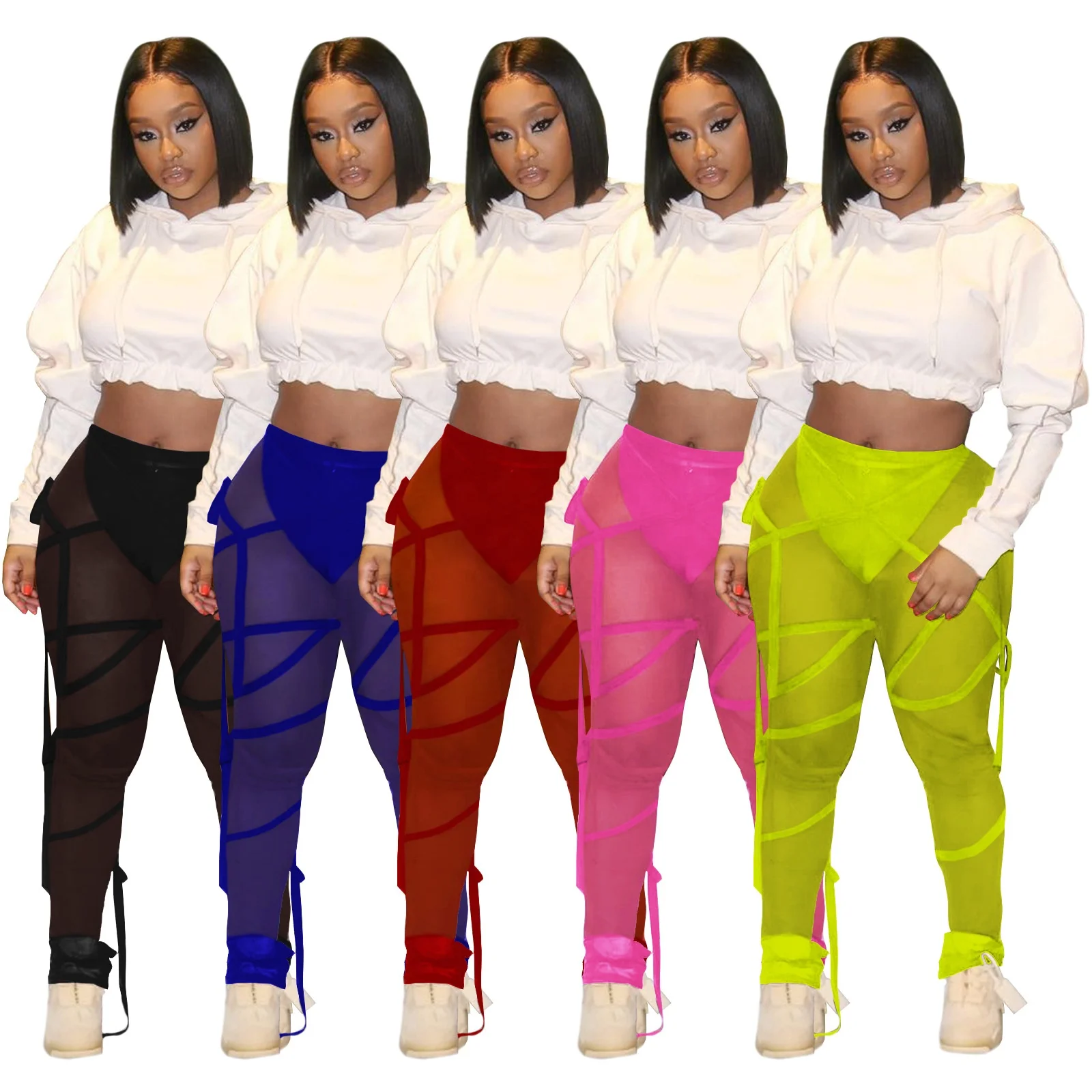 

LANOZY 2021 New Arrival Sexy See Through Pants High Waist Bandage Pants for women, Black,blue,red,pink,yellow