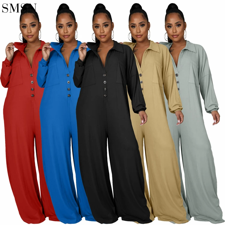 

Hot Selling Solid Color Turn Down Collar Button Women Clothing Casual Long Sleeve Bodysuit Women Wide Leg Jumpsuit Woman