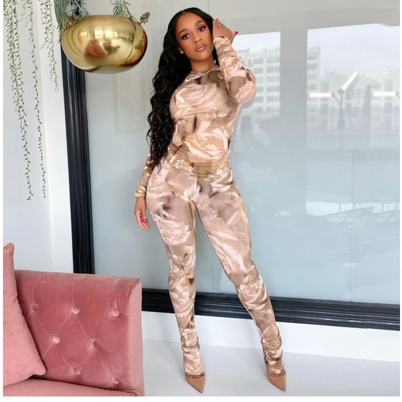 

AL2084I 2021 long sleeve print t-shirts tops bodycon leggings women streetwear two piece pants set