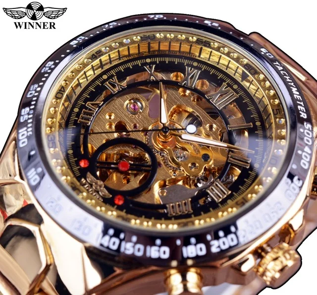 

New Winner Mechanical Watches Men Sport Design Bezel Golden Watch Montre Homme Clock Men Automatic Luxury Skeleton Watch, 5 colors