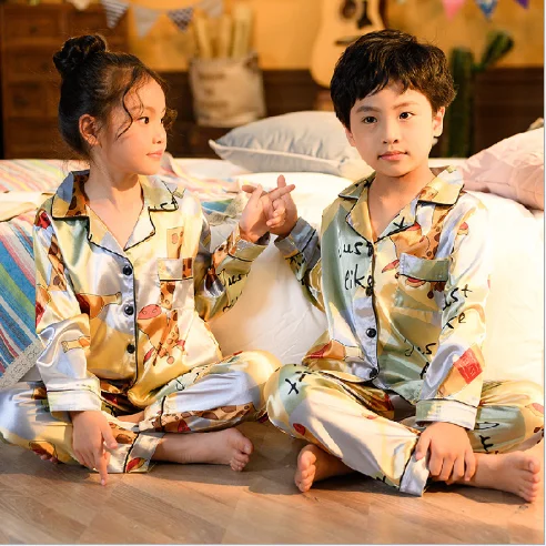 

Quick Dry Breathable Printed Custom Silk Long Sleeve Kids Summer Boys Girls Spring Silk Pajamas Satin Sleepwear Set