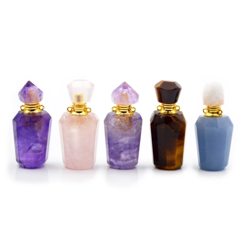 

Natural mini crystal quartz perfume essential oils bottle price clear gemstone point bottles pendant with wand, Multi