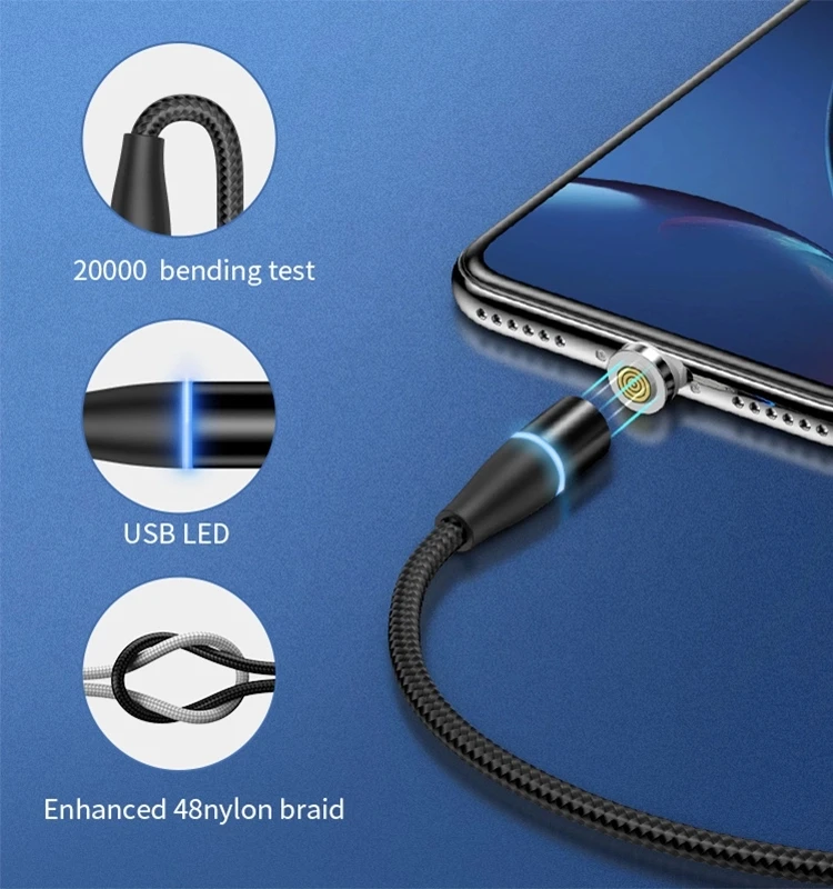 Hot selling 2A Nylon braided 360 Rotation LED Magnetic Usb Charger Cable For ios Micro USB Type C - ANKUX.COM