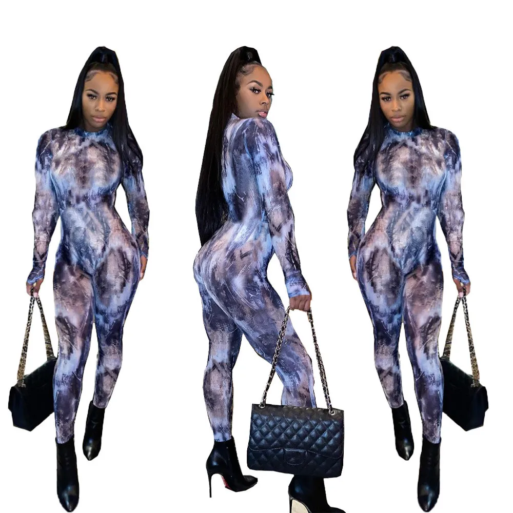 

B35626A 2021 Spring fashion back zipper Sexy lady digital print woman casual jumpsuit