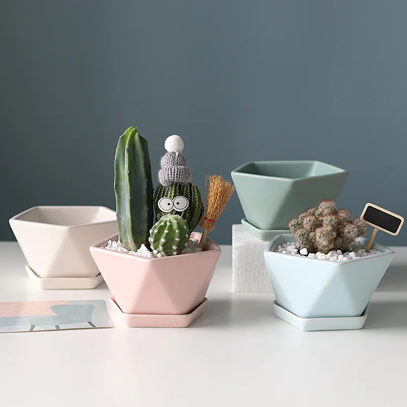 

Geometric Pentagonal Ceramic Flower Pot Succulent Planter Green Powder Blue Simple Style Flowers Pots Holder Desktop Decoration, Customized color