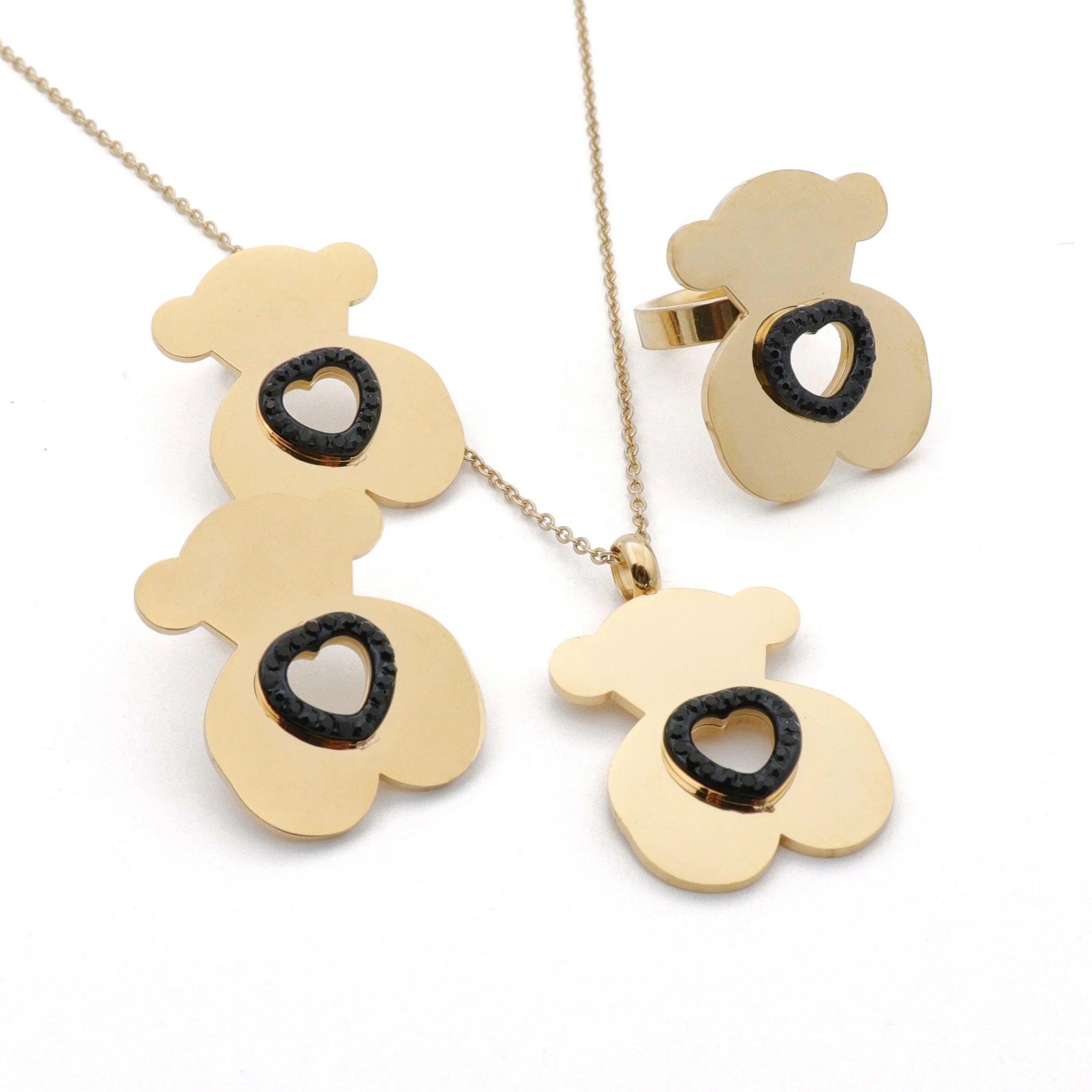 

Stainless Steel Black Crystal Cute Bear Gold Plated Cz Display Jewellery Necklace Sets Women Jewelry Set 2021