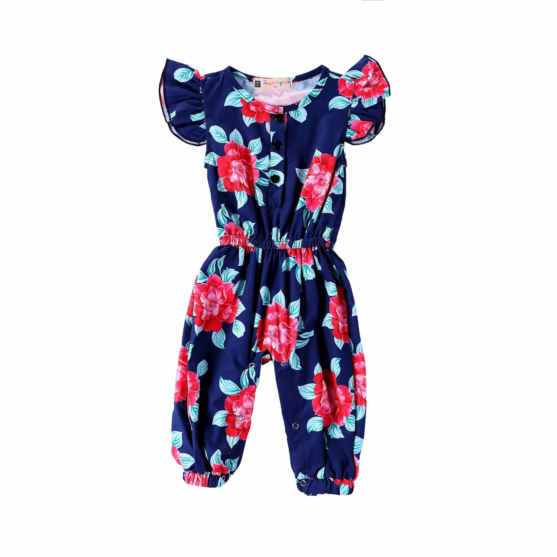 

Fashion Spring Summer Girls Flower Print Fly Sleeve Jumpsuit