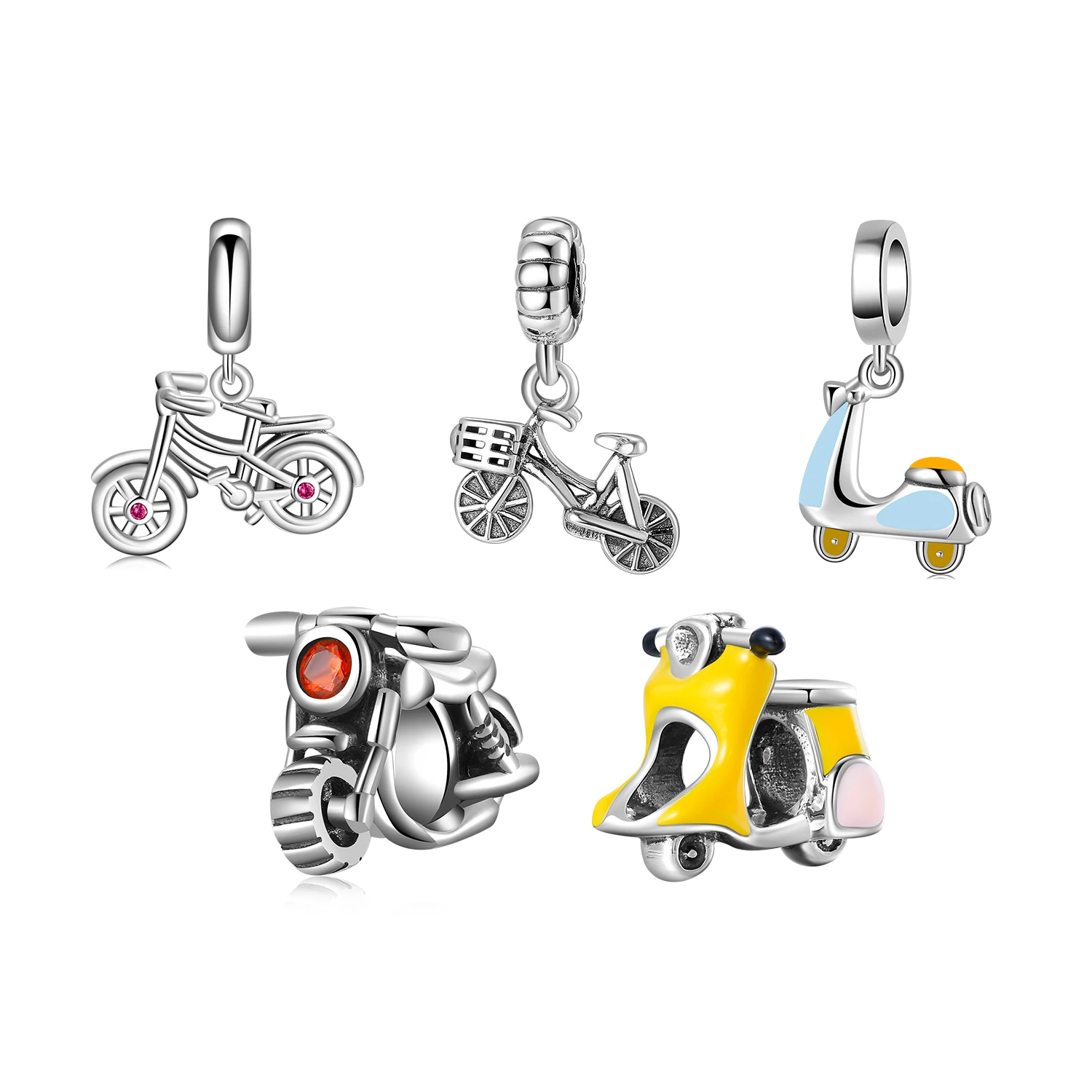 Real 925 Sterling Silver Stylish Bicycle Pink CZ Beads Pendant Charms Jewelry Fit Charms Bracelets Jewelry Making Hot Sale