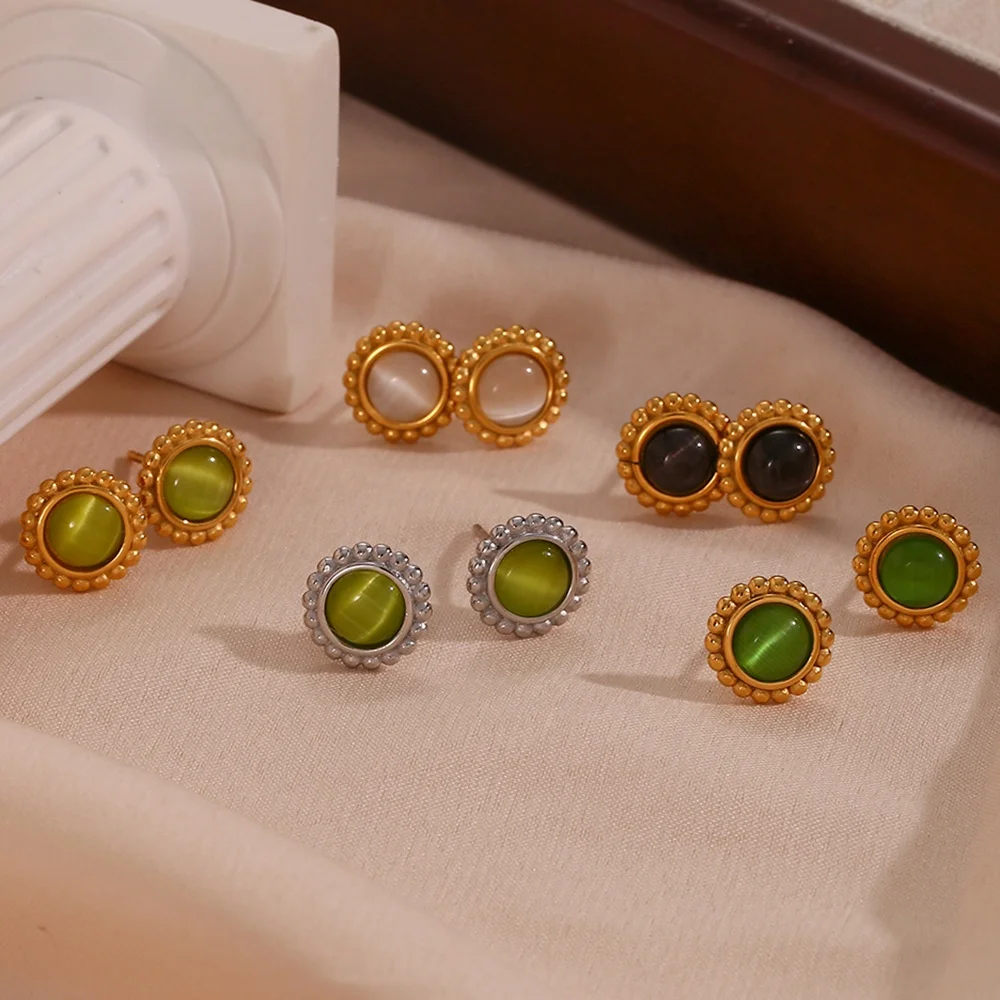 

Colorful Sunflower Shape Natural Stone Stud Earring 18K Gold Plated Stainless Steel Opal Earring