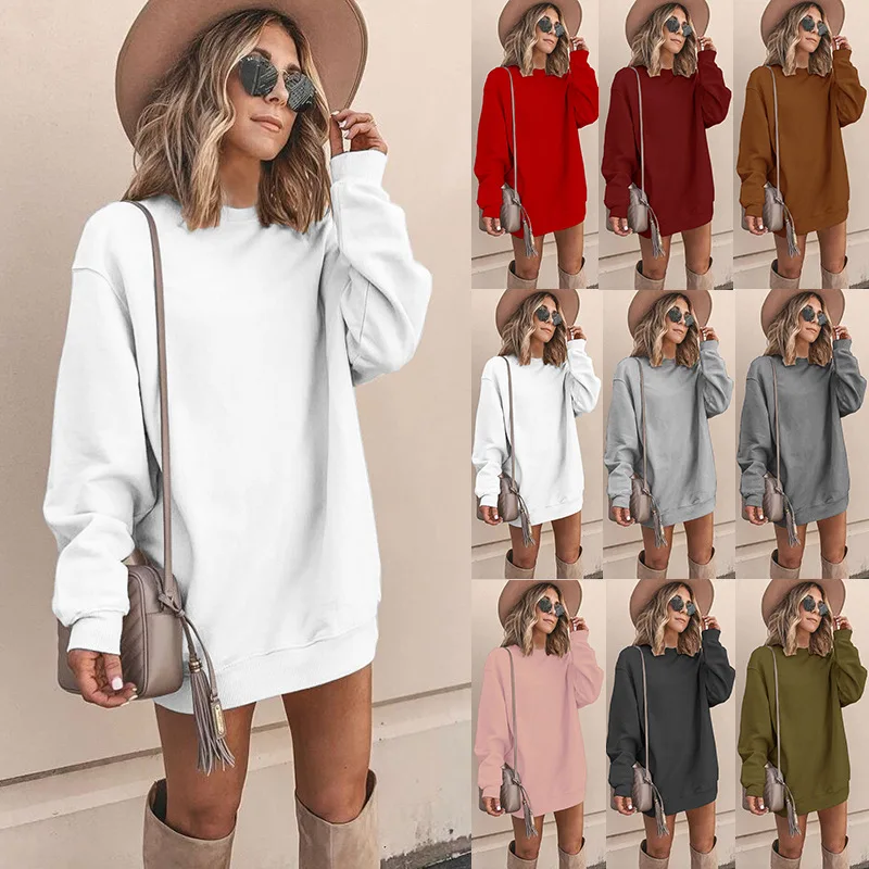 

Women's Solid Color Sweatshirt Long-Sleeved Hoodie Overcoat Fashion Mid-Long Guard Dress with Round Neck Dress