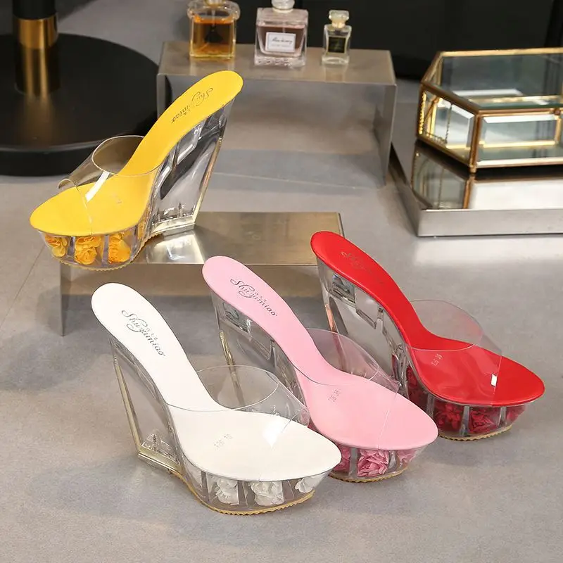 

Thick-soled super high heel high transparent special-shaped crystal shoes waterproof platform 15CM wedge heel women