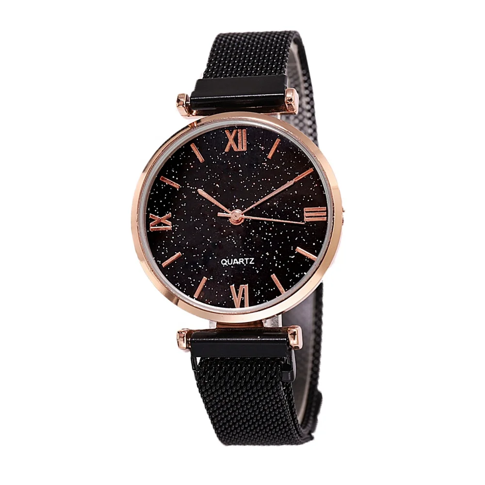 

Fashion New Milanese Magnet Clasp Starry Sky Dial Roman Numerals Ladies Quartz Casual Watch, As picture