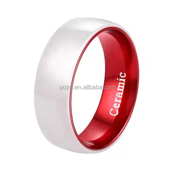 POYA Jewelry Trendy 8mm Anodized Red Aluminum Sleeve Inlay Domed White Ceramic Ring with Tungsten Wedding Engagement Party Gift