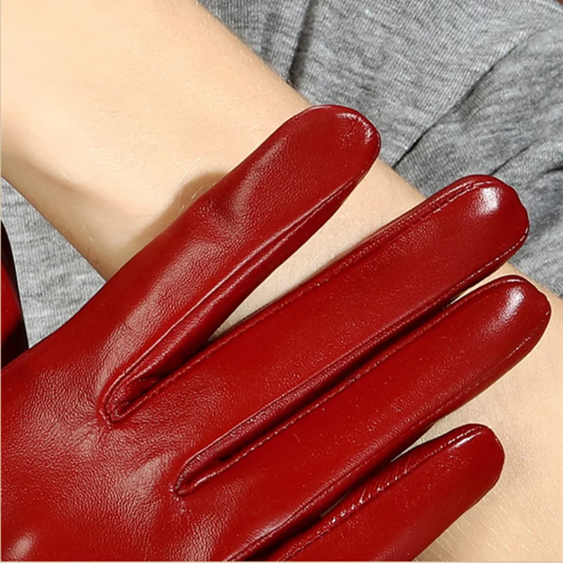 
Hot sales black red half palm women touch screen gloves genuine sheepskin fur leather mitten 