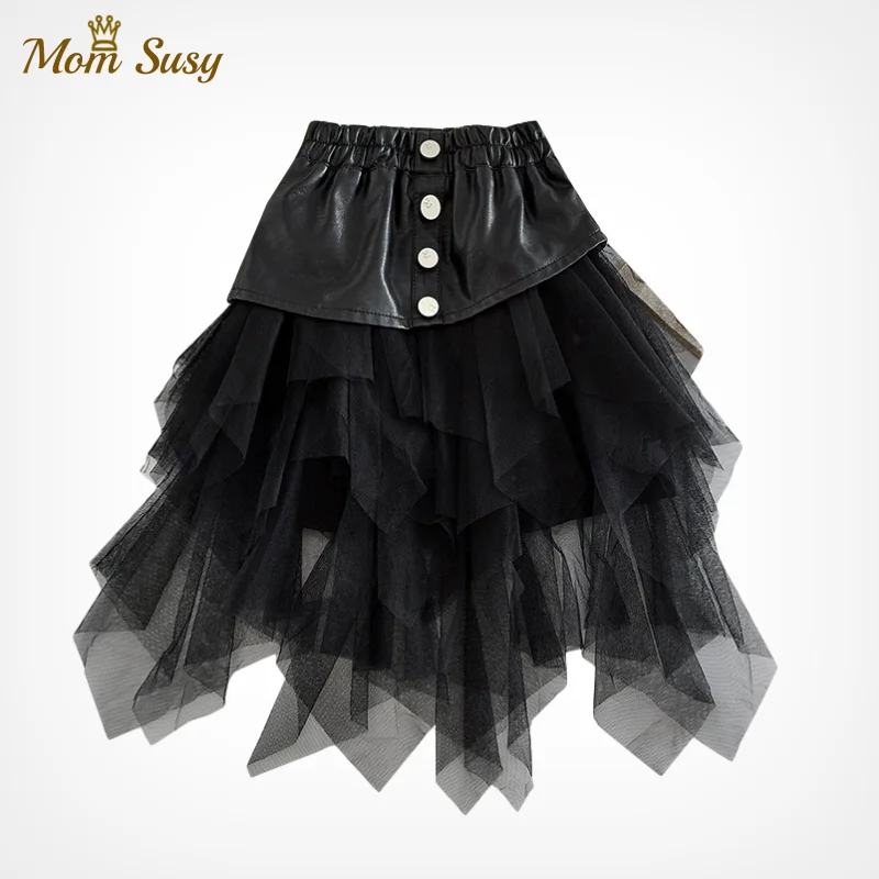 

2020 Fashion New Girl PU Leather Skirt Long and Short Toddler Teenager Girl Leather Patchwork Tutu Skirt Black Tulle Clothes