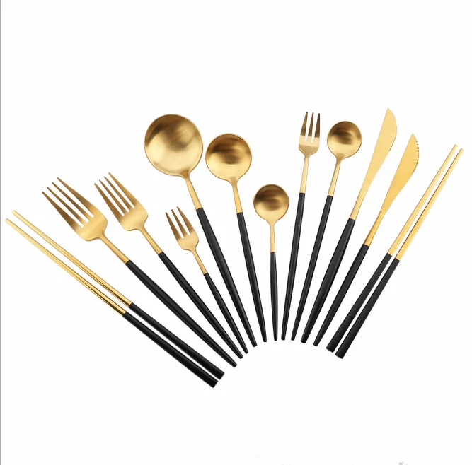 Portugal Western style Golden knife fork spoons black white sakura pink Handle stainless steel cutlery sets