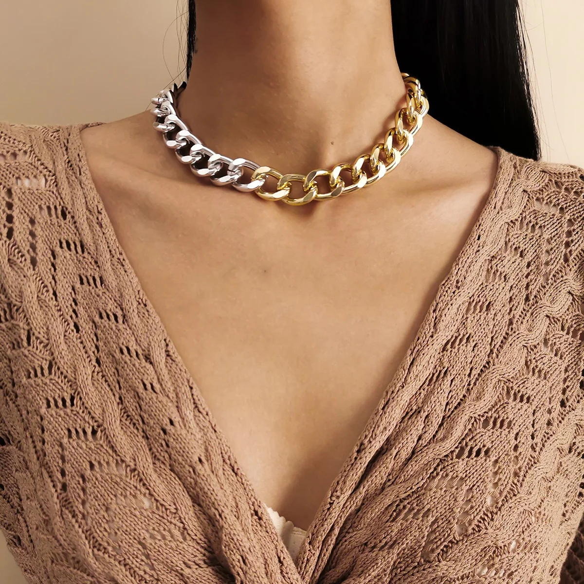 

New Fashion Necklace Gold Silver Double Colors Chain Link Choker For Women