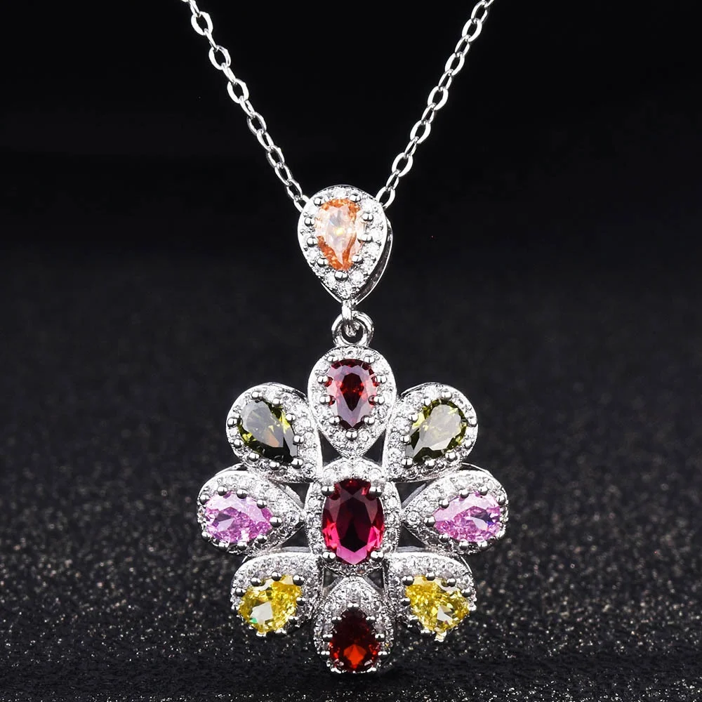 

Luxury Colorful Flower Pendant Necklace Inlay Water Drop Zircon Fine Jewelry For Women Wedding Engagement Elegant Choker, Picture shows