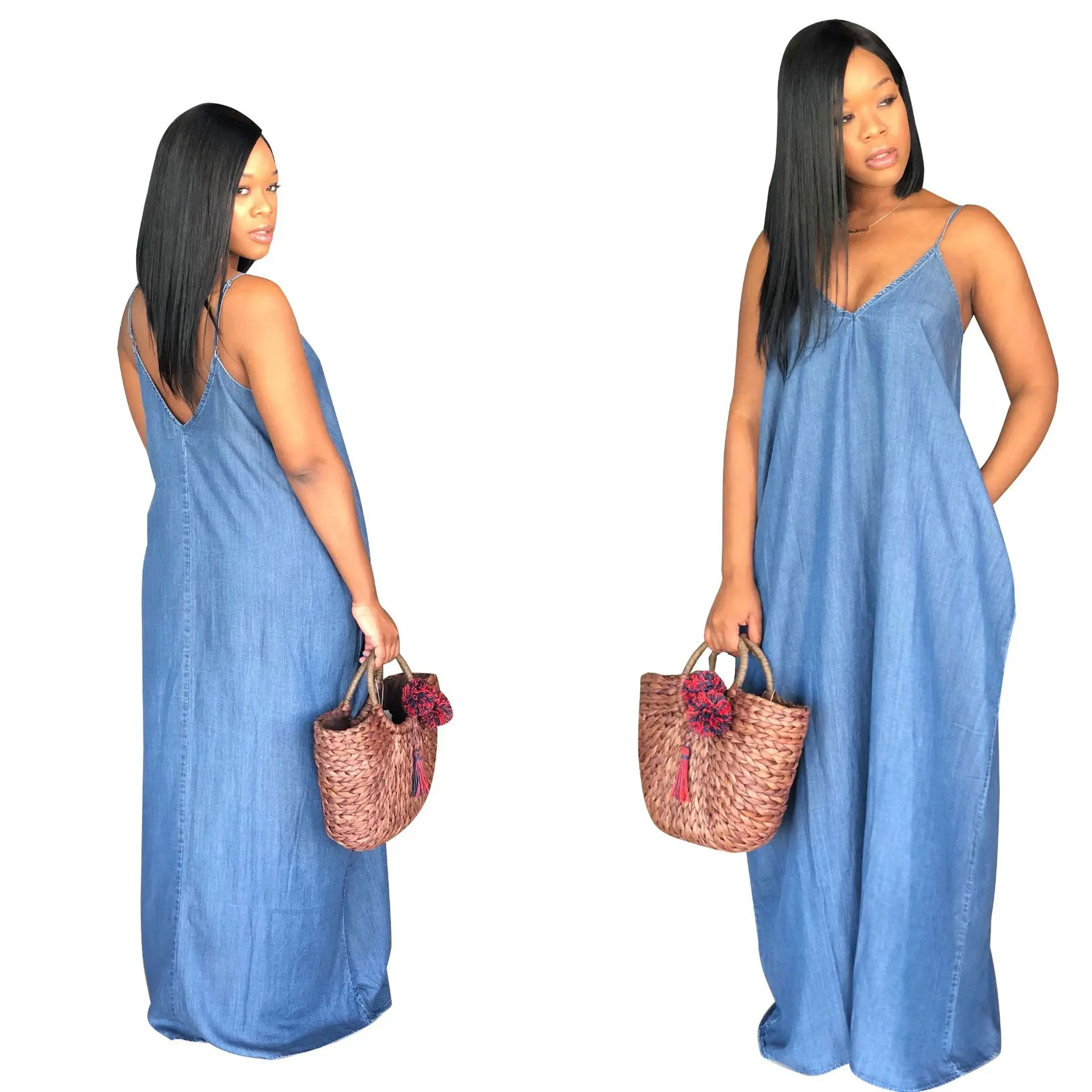 

Fashionable Women Summer Casual Strap Backless Denim Deep V Neck Long maxi Loose Denim Skirt Plus Size One-Piece Dress, Blue