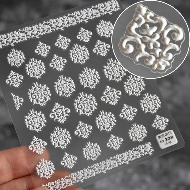 

Paso Sico Brand New 5D Emboss White Vintage Flower nail stickers decals for DIY Custom Nail Salon Supplies