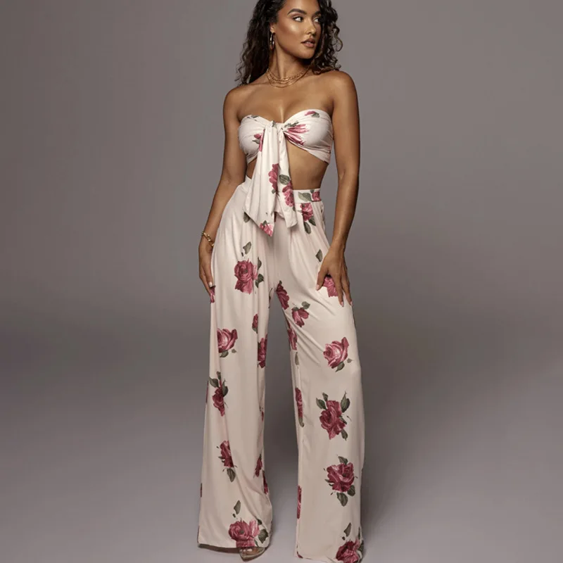 

Blingirl 2021 Summer Floral Print Two Pieces Lace Up Crop Top Wide Leg Pants Set Elegant Party Streetwear Fashion Causal Outfit, Black,white