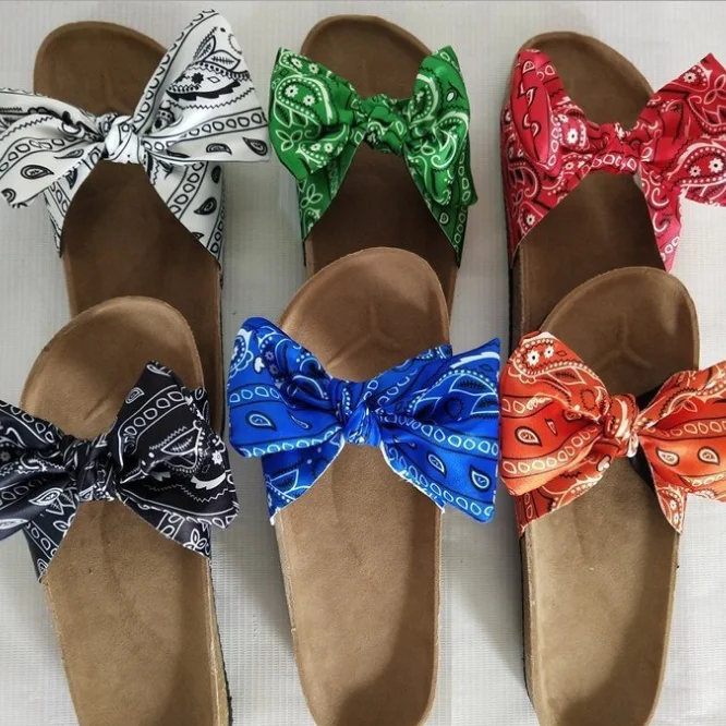 

2020 New Style Bandana Paisley Pattern Sandals Bow Knot Slippers Fashion Lady Flat Shoes Slide Women Wholesale Ankle Strap, White/black