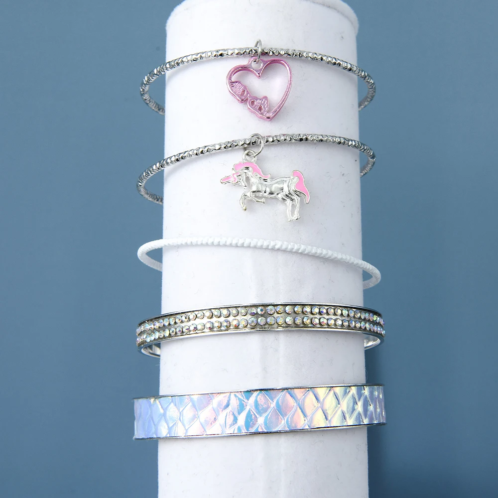 

Veijer 5CP/Set Silver Plated Pendant Unicorn Pink Love Heart Kids Bracelet Set, Multi