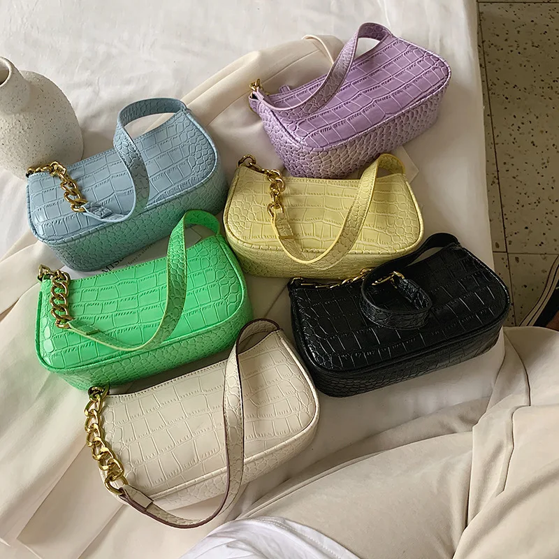 

2020 new Korean style fashion crocodile pattern handbag and purses women retro wild solid color chain shoulder armpit bag