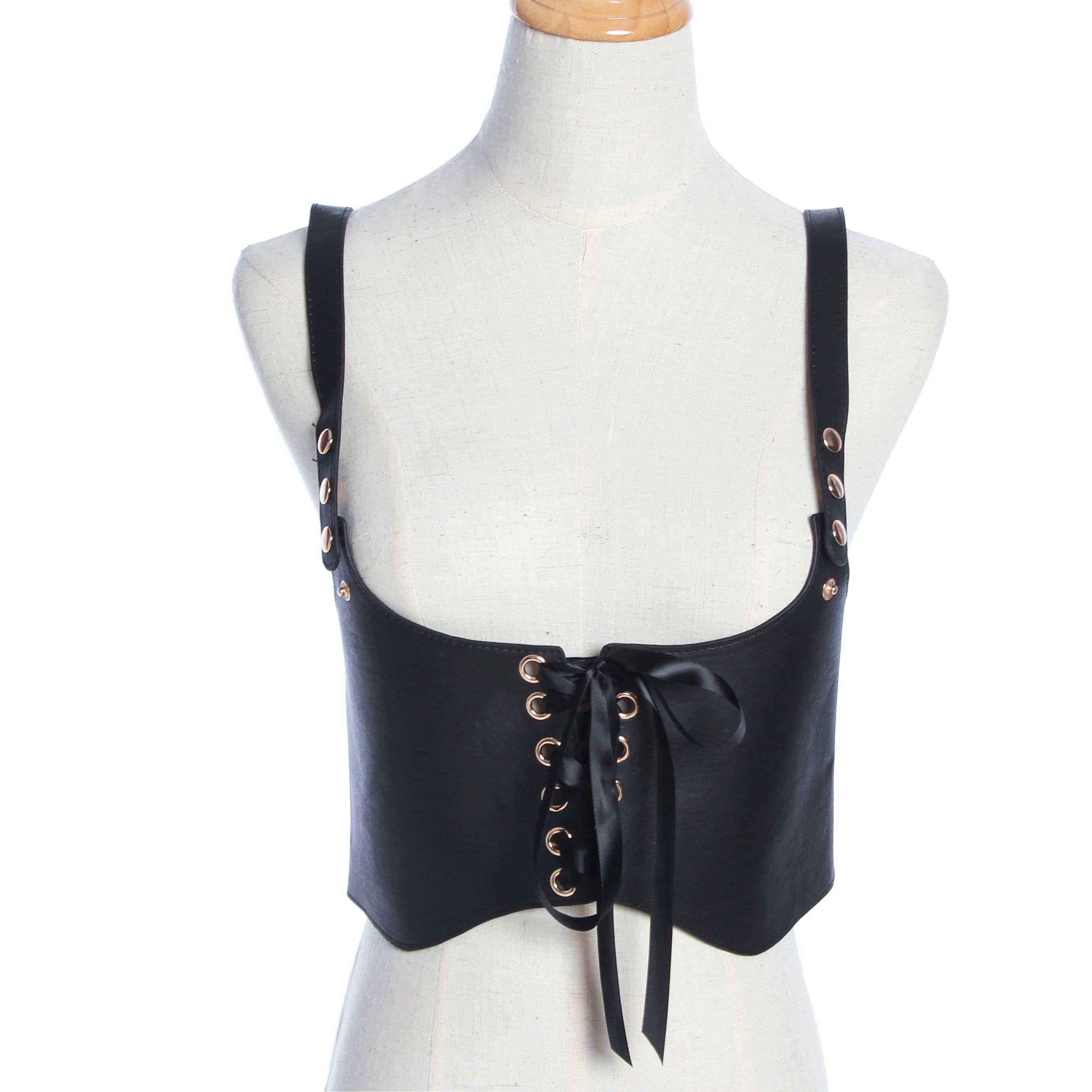 
Black Leather Street Women PU Suspender Adjustable Punk Shirt-front Belt 