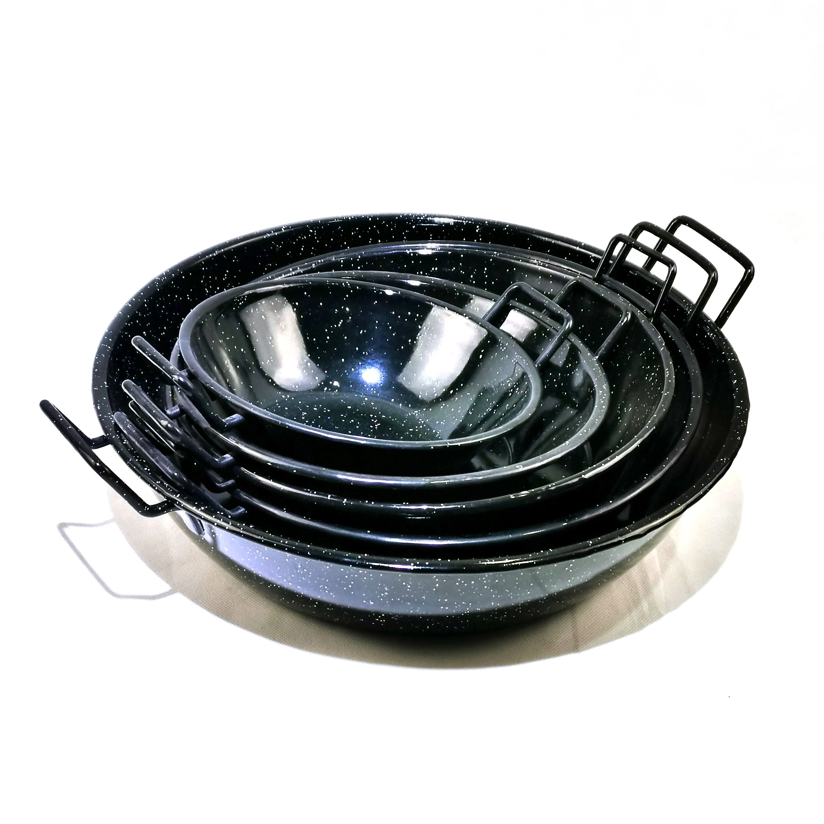 

Free Sample Wholesale Kitchen Appliance Enamel Coated Easy clean Portable Seafood Pan/Mini Paella Pot Frying Pan Set, Black