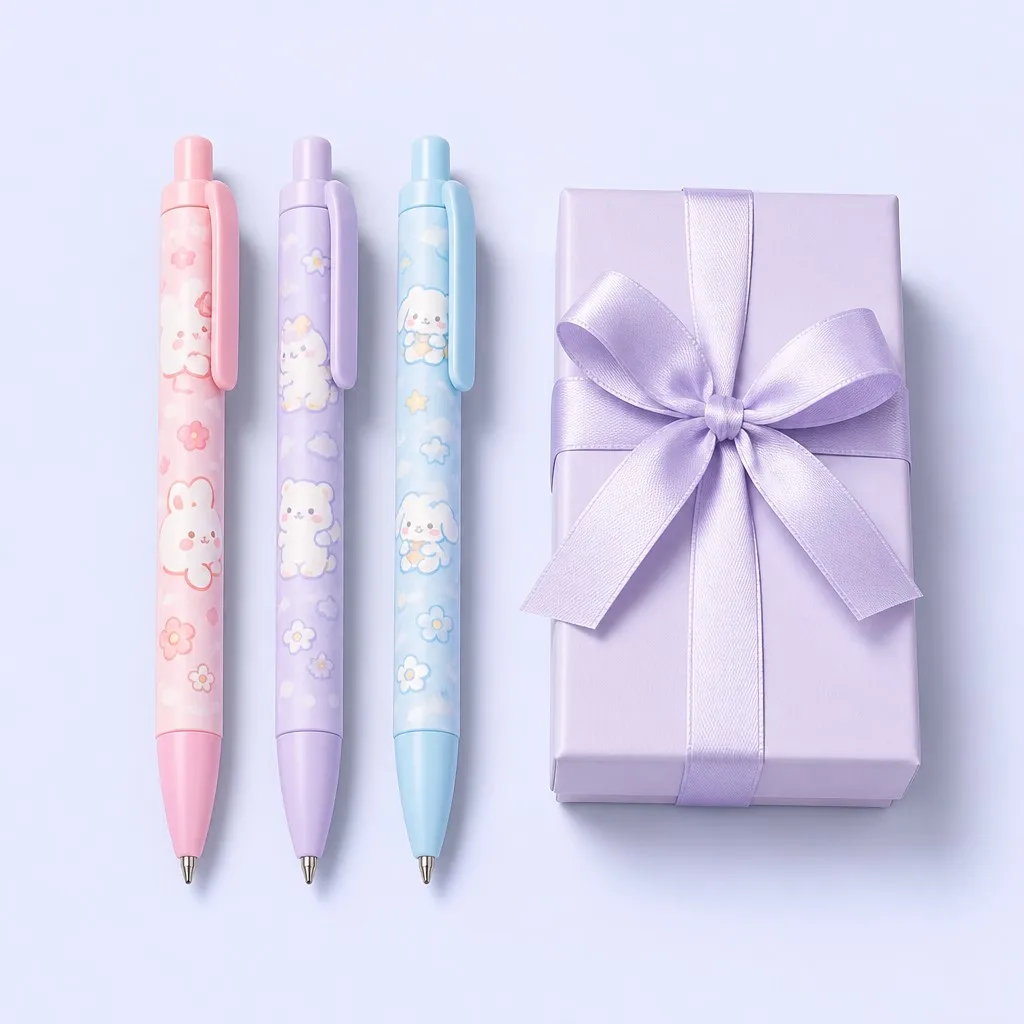 Three pastel pens beside a ribbon-tied gift box