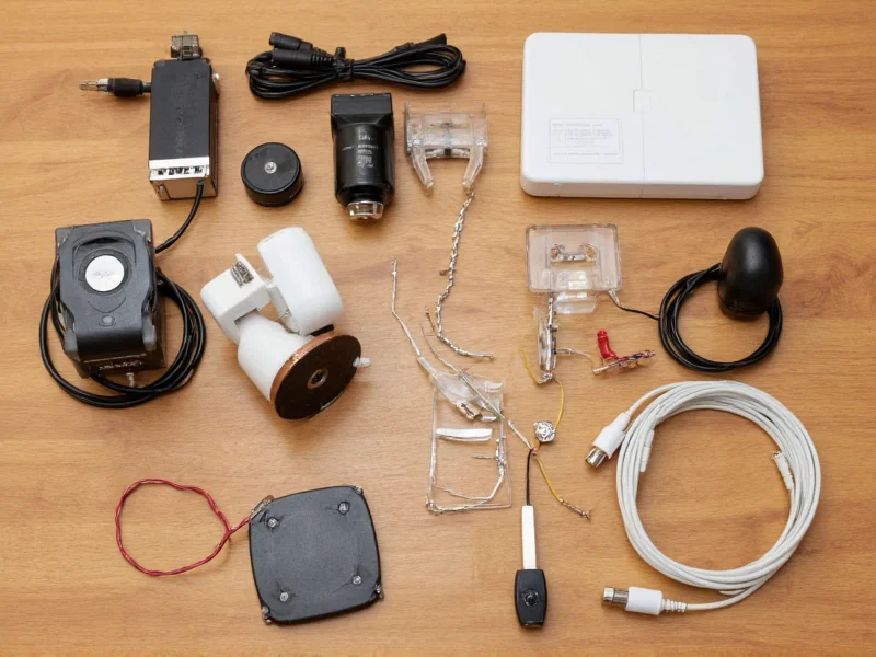 DIY security system components laid out on wooden table