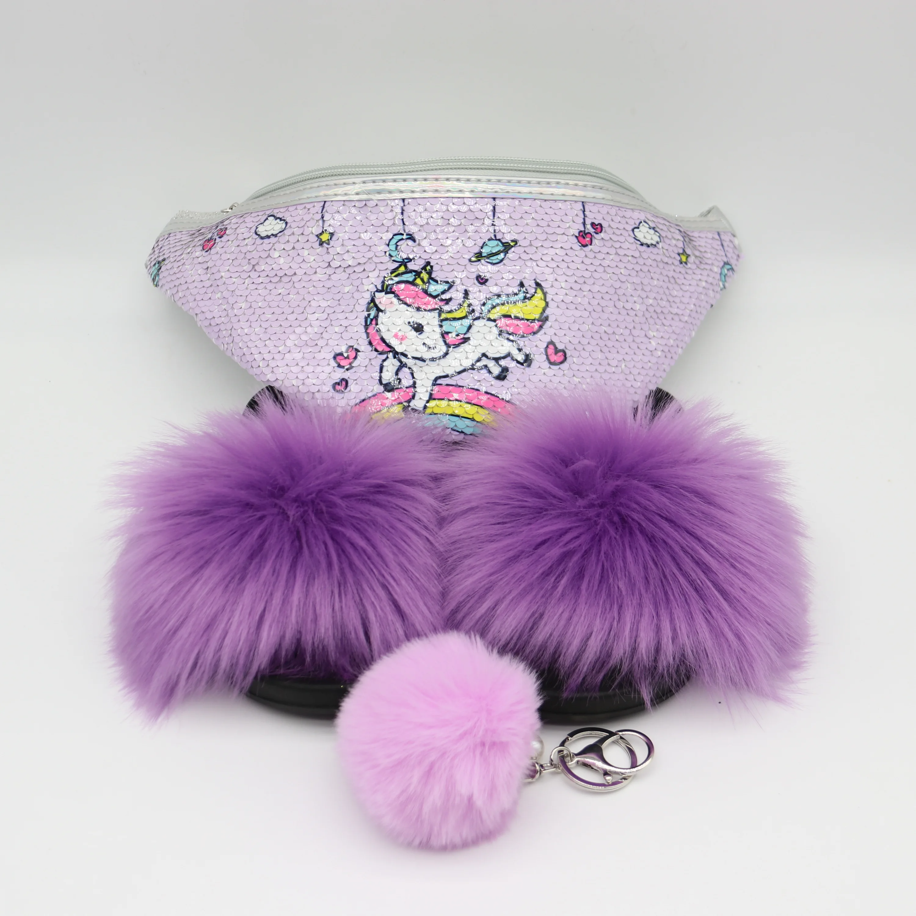

wholesale vendor pink colorful unicorn waist bag with fur slides for kids
