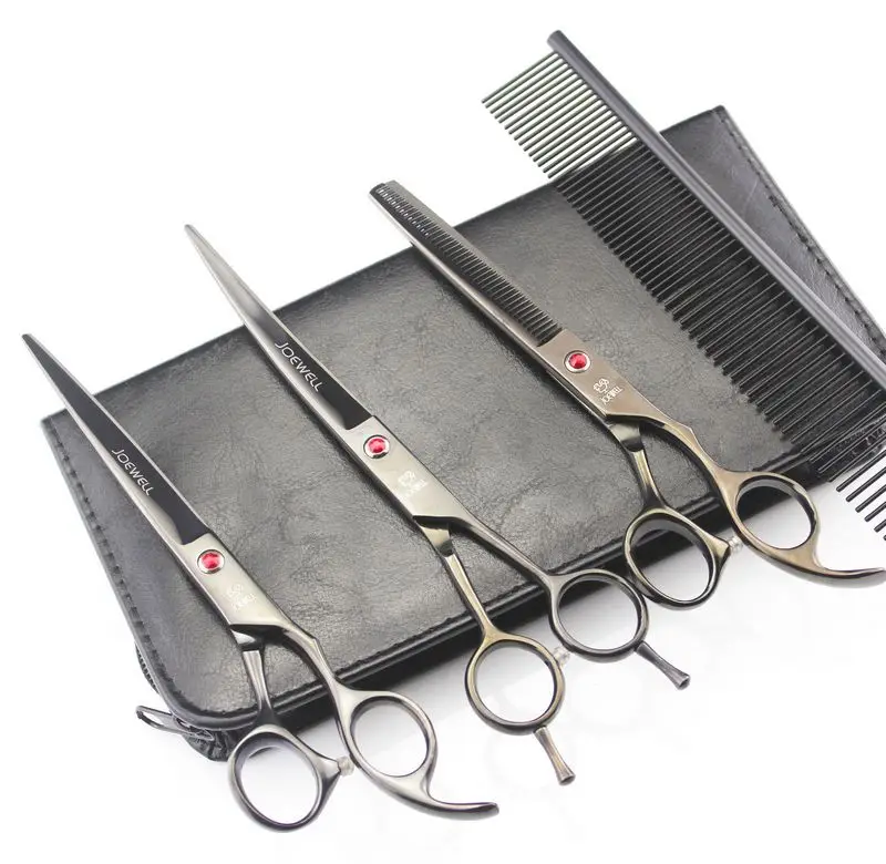 

free shipping JOEWELL 7.0 inch black hair scissors cutting / thinning scissors kit with leather case